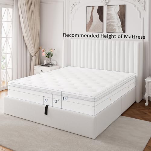Full Size Lift Up Storage Bed with Wingback Headboard, White Y8002