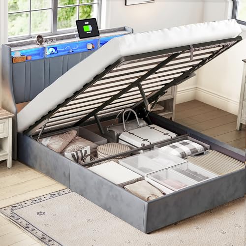 LINSY Lift Up Storage Queen Bed Frame with LED Lights and Charging Station, Dark Grey I29937