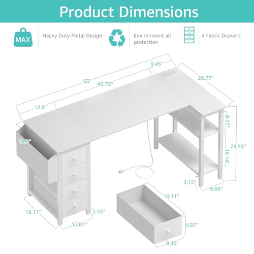 Lufeiya L Shaped Gaming Desk with Drawers & Power Outlet, Black A39519