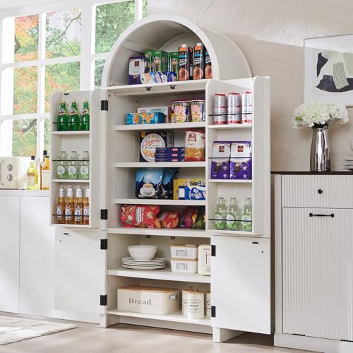 71" Tall Arched Kitchen Pantry, Modern Fluted Wood Storage Cabinet with Doors A419441