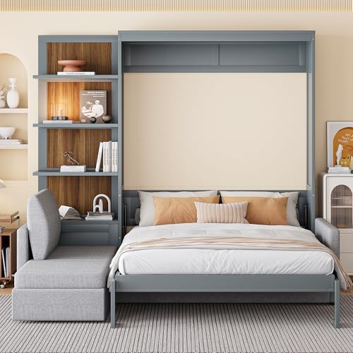 Harper & Bright Designs Queen Murphy Bed with Sofa and Shelves, White P14954