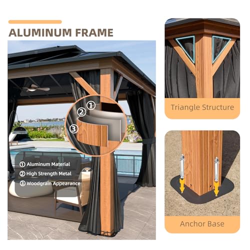 YOLENY 10'x13' Hardtop Gazebo with Aluminum Frame and Curtains F853