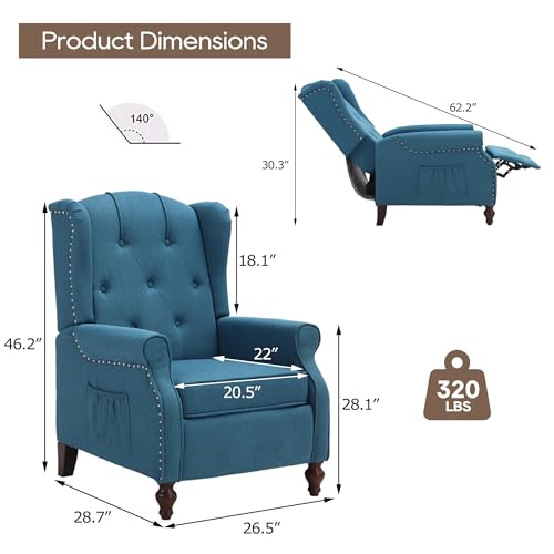 Wingback Recliner Chair with Massage and Heat, Tufted Fabric, Wooden Legs D91574
