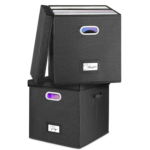 Vinyl Record Storage Box for 50 LPs, Stackable Linen Crate with Lid P294298