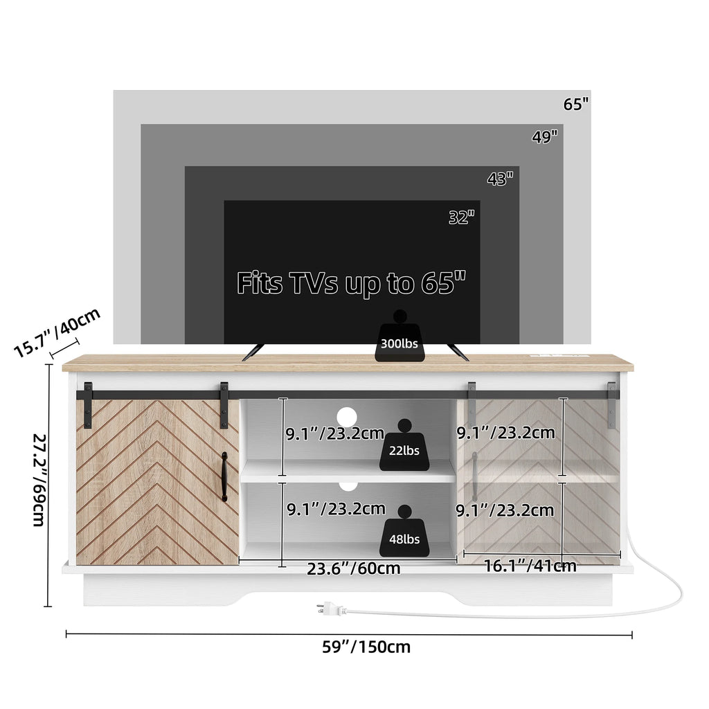 DWVO Farmhouse TV Stand for TVs up to 65 inch, Wood Entertainment Center with Outlets & USB Ports O39331