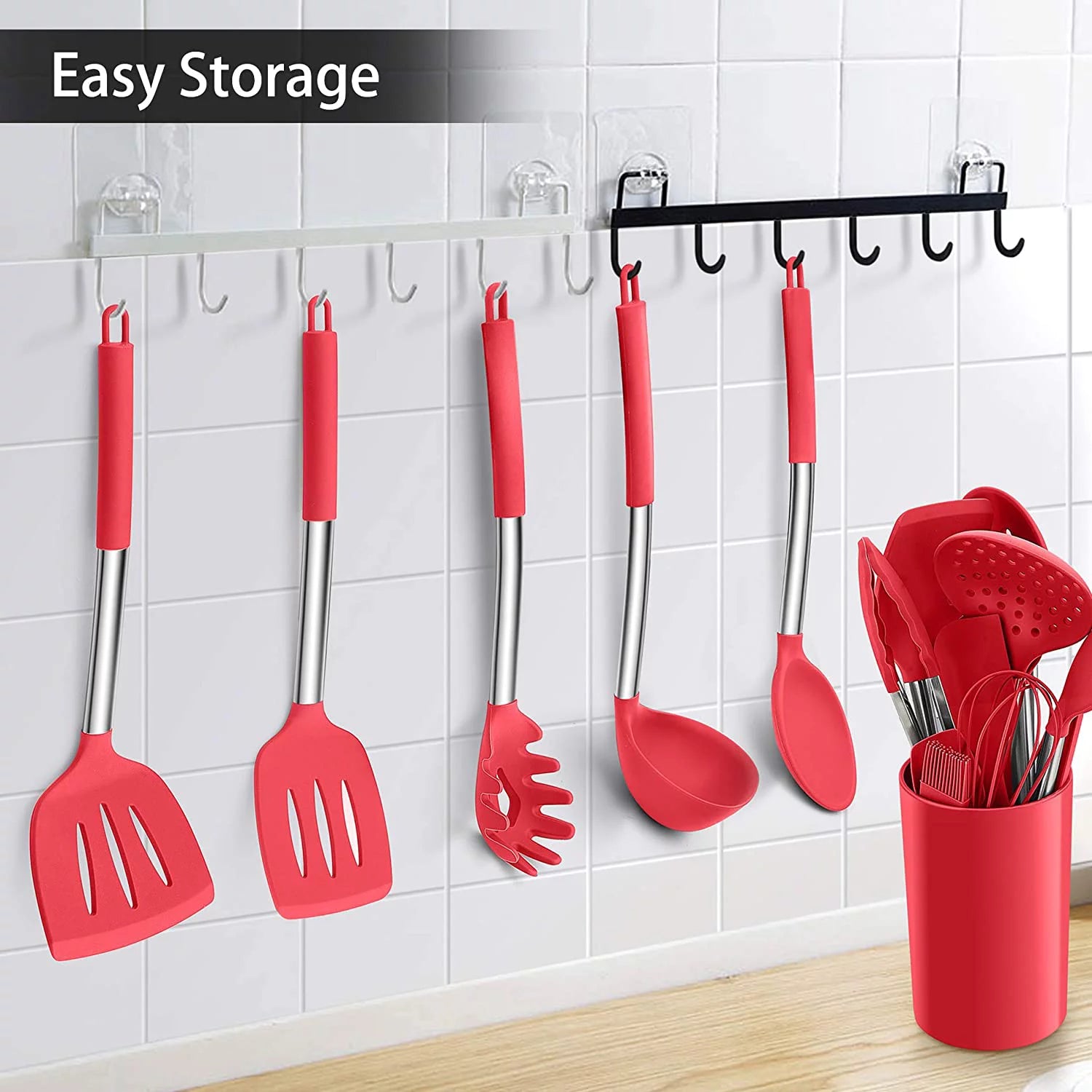 15pcs Silicone Cooking Utensil Set with Stainless Steel Handle, Red G229
