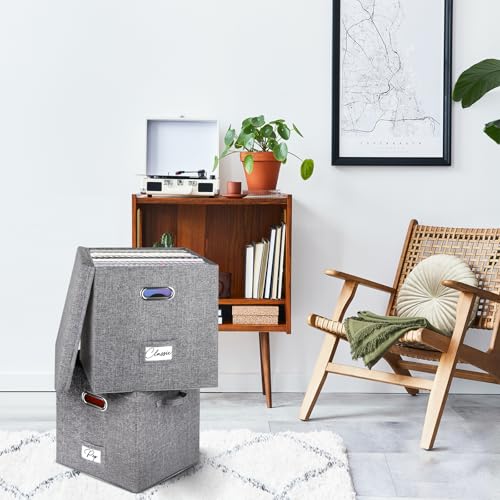 Vinyl Record Storage Box for 50 LPs, Stackable Linen Crate with Lid P294298