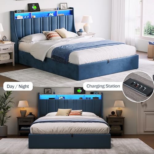 LINSY Lift Up Storage Queen Bed Frame with LED Lights and Charging Station, Dark Grey I29937