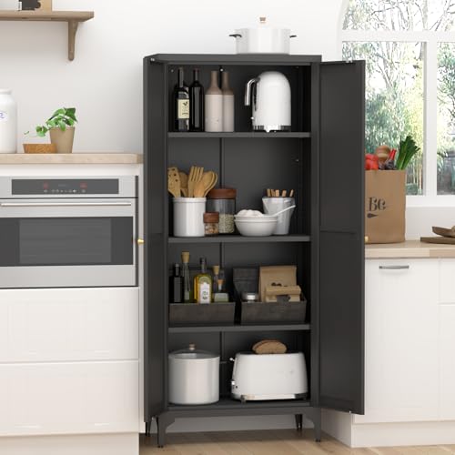 GREATMEET 65" Tall Kitchen Pantry Cabinet, White Metal Farmhouse Cupboard with Adjustable Shelves D202