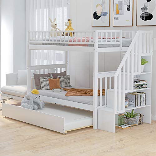 Twin-Over-Twin Bunk Bed with Trundle and Storage Staircase, Solid Wood, White I987686