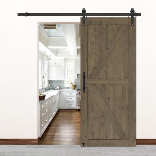 S&Z TOPHAND® 20 in x 84 in Elephant Gray British Brace Knotty Barn Door with 4FT Sliding Hardware Kit G149446