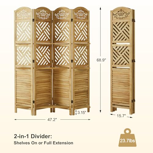 Folding Wood Room Divider with Shelves, 6 Panels, Natural K301