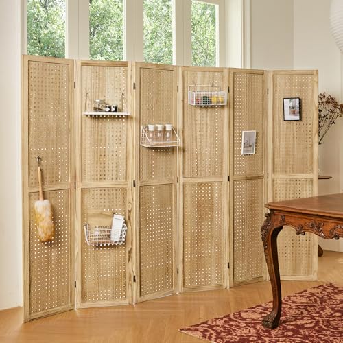 Pegboard Display 5.6Ft Wooden Room Divider Folding Privacy Screen Freestanding Wall Organizer, 4 Panels, Natural C603