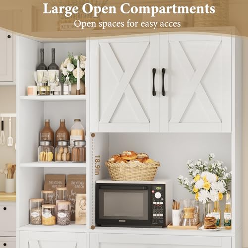 HOSTACK 71" Tall Kitchen Pantry Storage Cabinet with Microwave Stand, Barn Doors, Ash Grey H766476