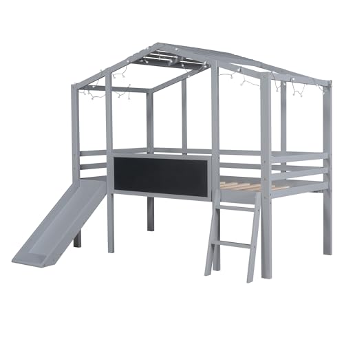 Harper & Bright Designs Kids Twin Low Loft Bed with Slide, Storage Shelves & Stairs, White/Pink C414827