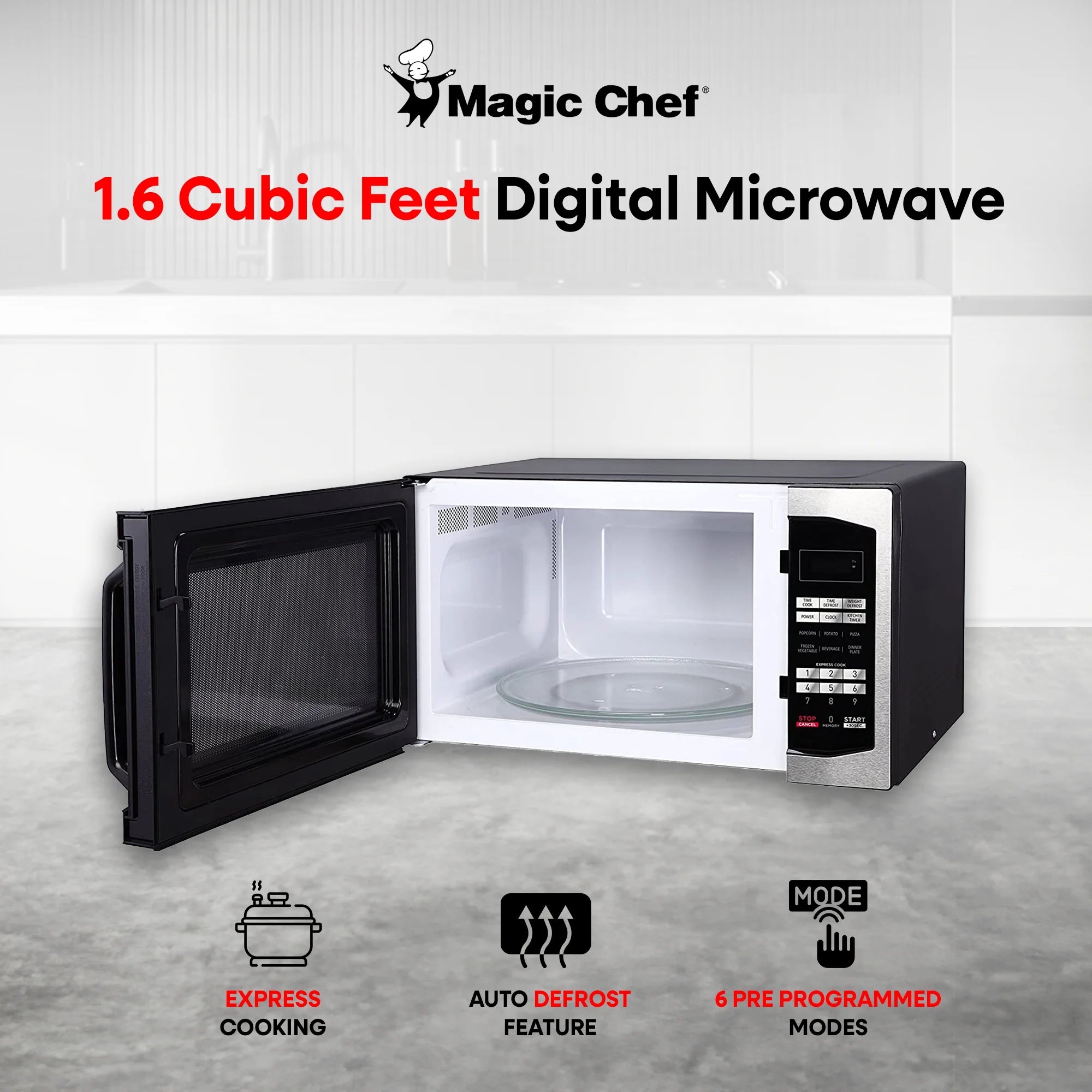 Magic Chef 1.6 Cu. Ft. Digital Countertop Microwave, Stainless Steel B4156