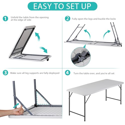 Portable 4 Foot Plastic Folding Table, Indoor Outdoor Heavy Duty with Carrying Handle, White I854764