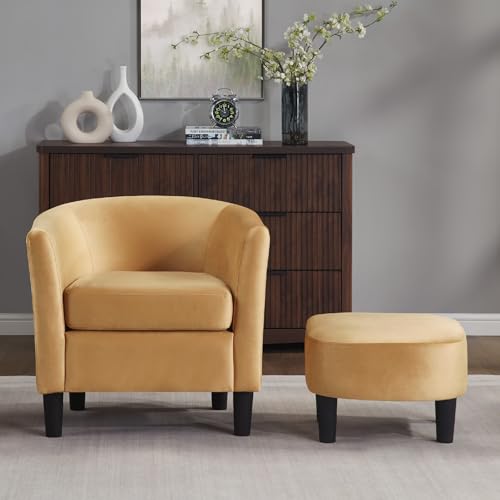 FLEXISPOT Accent Barrel Chair with Ottoman, Velvet Upholstered, White U587