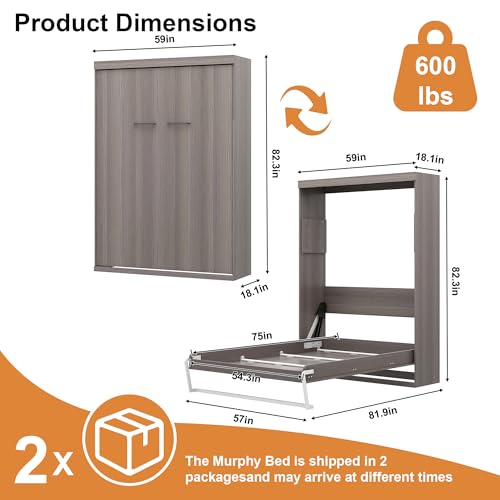 Murphy Bed Full - Space Saving, Convertible Hidden Bed, Brown C7991