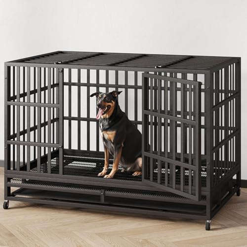 48 Inch Heavy Duty Dog Crate with Wheels and Double Door A25580