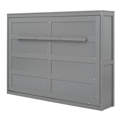 Merax Modern Farmhouse Solid Wood Murphy Cabinet Bed Queen Gray L422