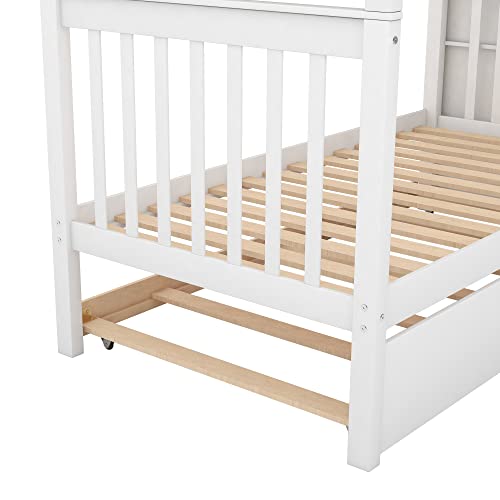 Twin-Over-Twin Bunk Bed with Trundle and Storage Staircase, Solid Wood, White I987686
