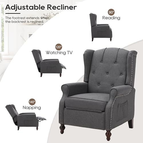 Wingback Recliner Chair with Massage and Heat, Tufted Fabric, Wooden Legs D91574
