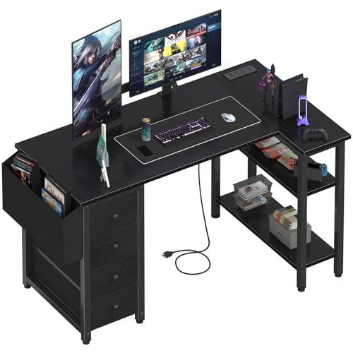 Lufeiya L Shaped Gaming Desk with Drawers & Power Outlet, Black A39519