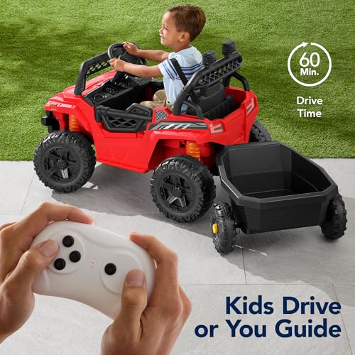 Kids 12V Electric Ride On UTV Car with Trailer, Parent Control, LED Lights, Bluetooth - Black C2735