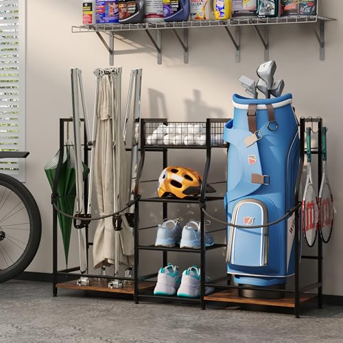 Golf Bag Storage Organizer Rack for 2 Bags, Freestanding Golf Club Holder for Garage Y100182