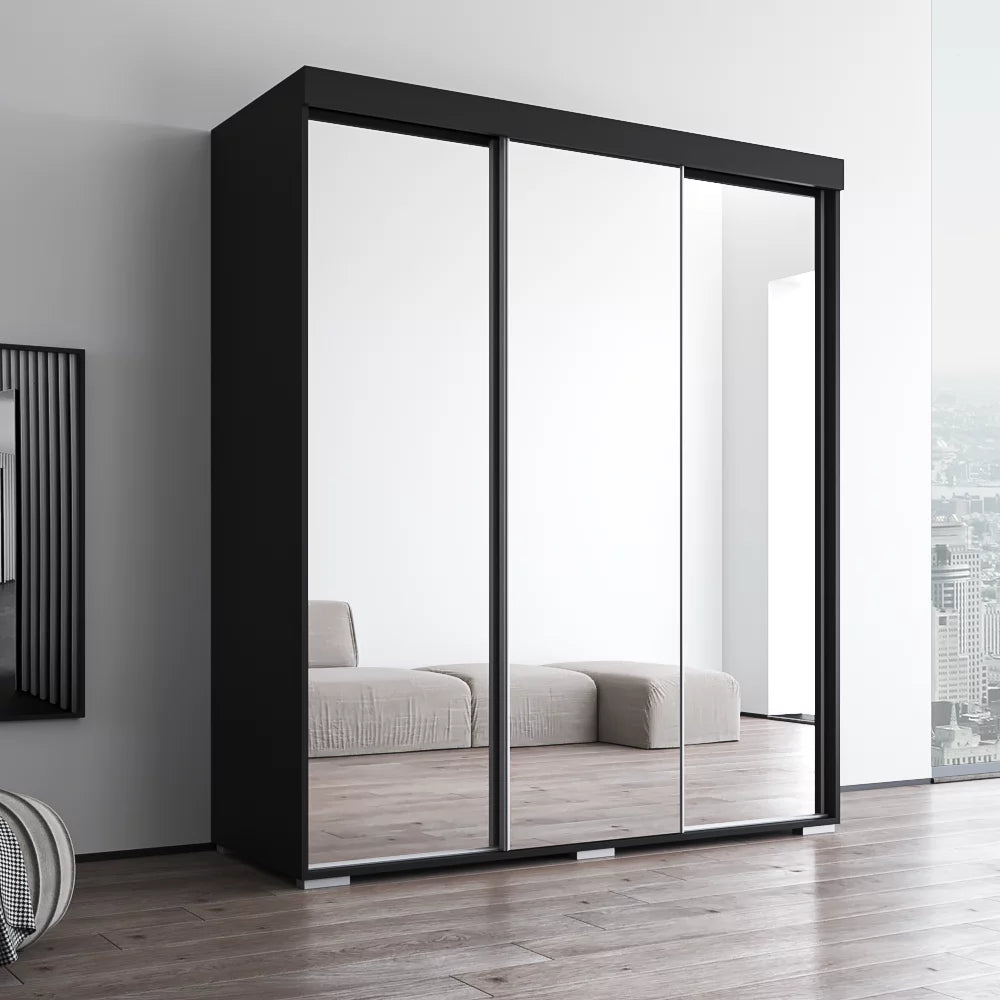 Aria 3 Door 71" Wide Modern High Gloss Wardrobe Armoire, Black with Mirror Fronts J441870
