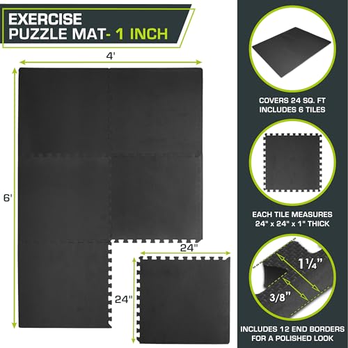 ProsourceFit Extra Thick Puzzle Exercise Mat, EVA Foam Interlocking Tiles, Black, 3/4 inch, 24 Tiles Y76691
