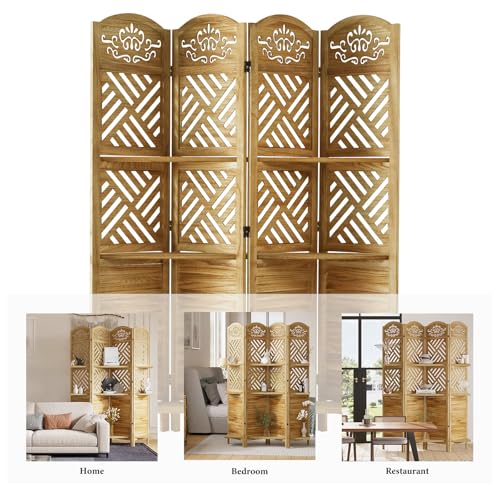 Folding Wood Room Divider with Shelves, 6 Panels, Natural K301