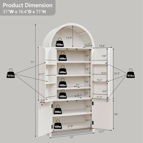 71" Tall Arched Kitchen Pantry, Modern Fluted Wood Storage Cabinet with Doors A419441