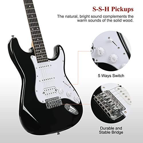 SAYHA Electric Guitar 39 Inch HSS Pickups Starter Kit with Amplifier, Bag, Tuner, Black C49559