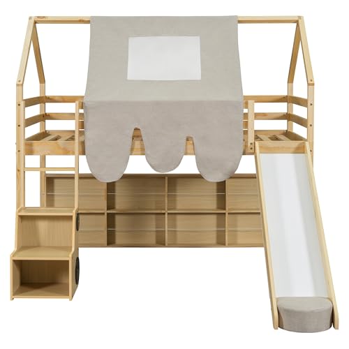 Harper & Bright Designs Kids Twin Low Loft Bed with Slide, Storage Shelves & Stairs, White/Pink C414827