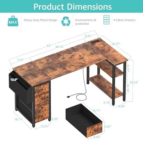 Lufeiya L Shaped Gaming Desk with Drawers & Power Outlet, Black A39519