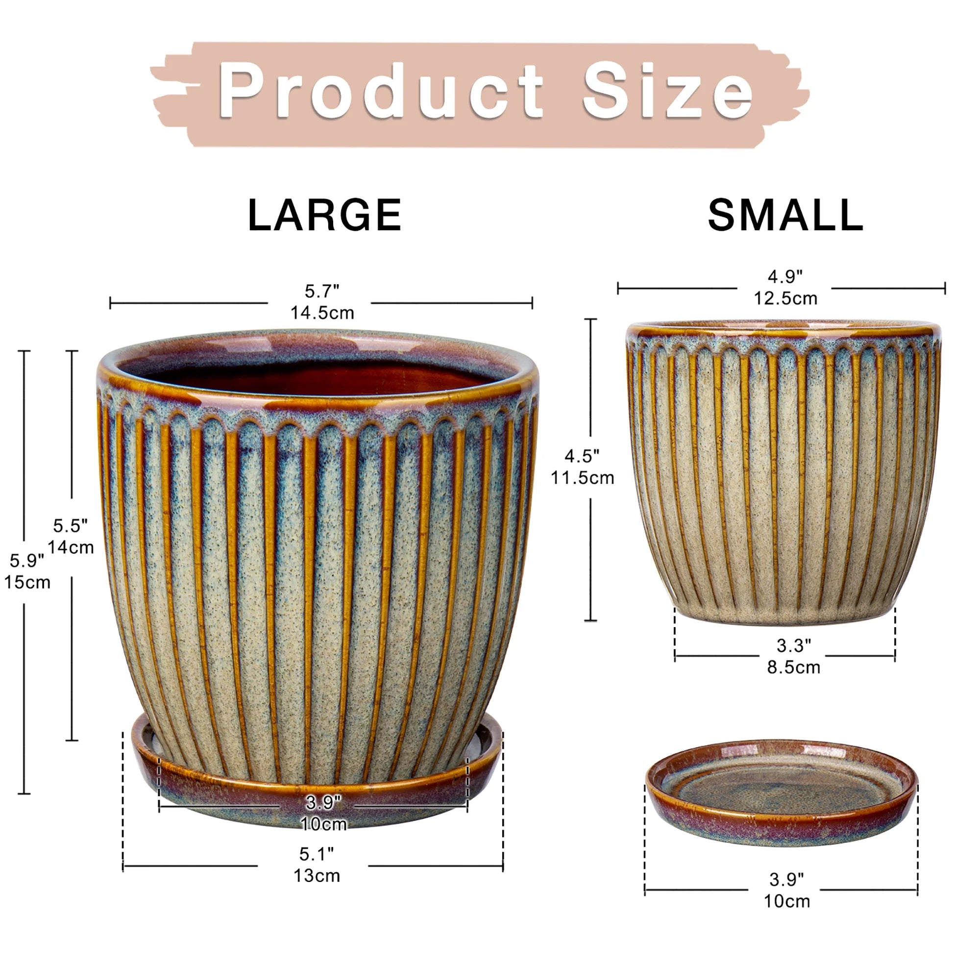 2 Pcs Ceramic Plant Pots with Saucer, 4.9 & 5.7 inch, Brown A251