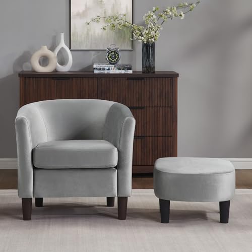 FLEXISPOT Accent Barrel Chair with Ottoman, Velvet Upholstered, White U587