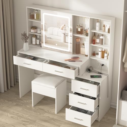 Fameill Vanity Desk with Mirror and Lights, 5 Drawers, Charging Station, White H302