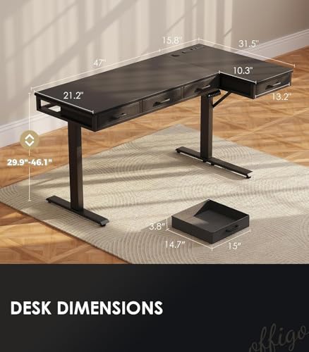 OffiGo 63 Inch L Shaped Electric Standing Desk with Drawers, Black O5647