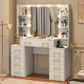 White Vanity Desk with Mirror & LED Lights, Glass Top Vanity Desk with Charging Station & Compartment Storage Drawers, 43" Large Makeup Vanity Table with 9 Drawers & 6 Shelves(White)