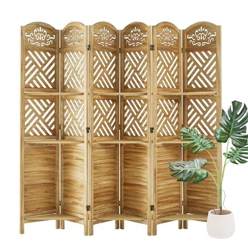 Folding Wood Room Divider with Shelves, 6 Panels, Natural K301