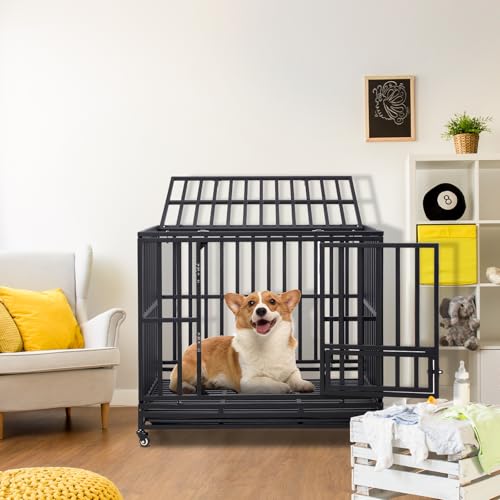 Outvita Heavy Duty Dog Crate 42" Large Metal Wire Kennel with Lockable Wheels H499