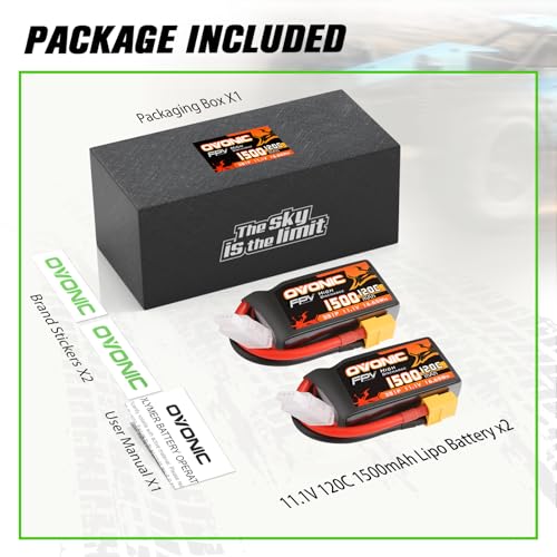 OVONIC Lipo Battery 11.1V 1300mAh 3S with XT60 for RC FPV Drone (2 Pack) Q180