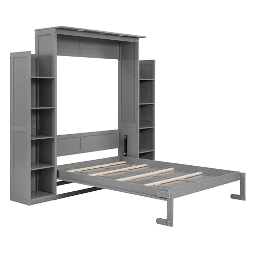 Merax Queen Size Wood Murphy Bed with LED Lights and Shelves, Grey K26344