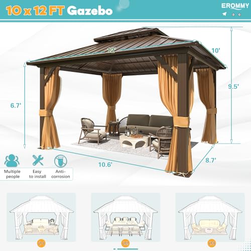 EROMMY 10' x 12' Hardtop Gazebo with Aluminum Frame and Double Roof Q573