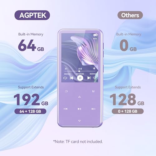 AGPTEK 64GB MP3 Player with Bluetooth, 2.4" Touch Buttons, FM Radio, Purple L983