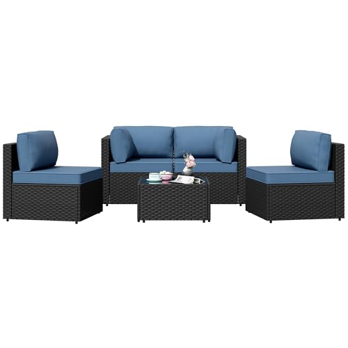 Shintenchi 5-Piece Outdoor Patio Sectional Sofa with Cushions and Glass Coffee Table, Aegean Blue U127322