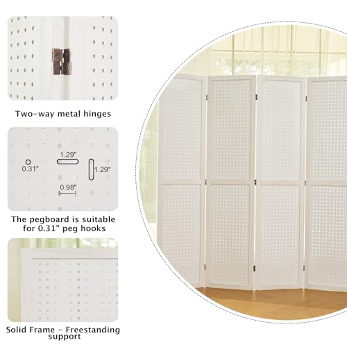 Pegboard Display 5.6Ft Wooden Room Divider Folding Privacy Screen Freestanding Wall Organizer, 4 Panels, Natural C603